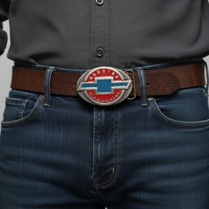 Vintage 1996 Chevrolet Belt Buckle C&J Inc Made in USA Red Blue Bowtie Emblem